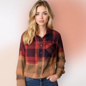 Old Navy Upcycled Bleached Red Black Orange Plaid Flannel Button Up Shirt Size S